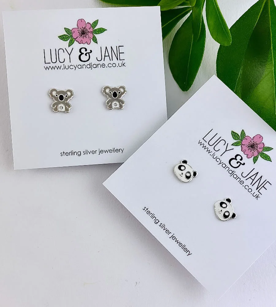 Lucy & Jane Jewellery Fun sterling silver stud earrings for kids in the shape of koala and panda