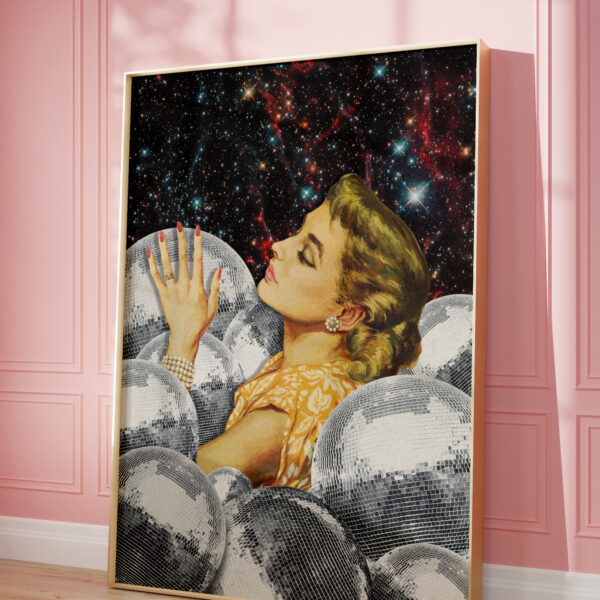 Woman amongst an array of disco balls in space by Bev Acton Designs