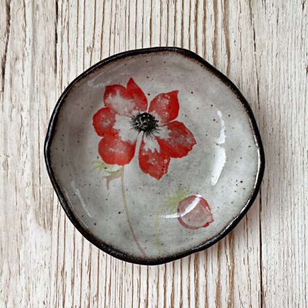 Laurel Tree Pottery Red Anemone Black Clay Ceramic Trinket Dish