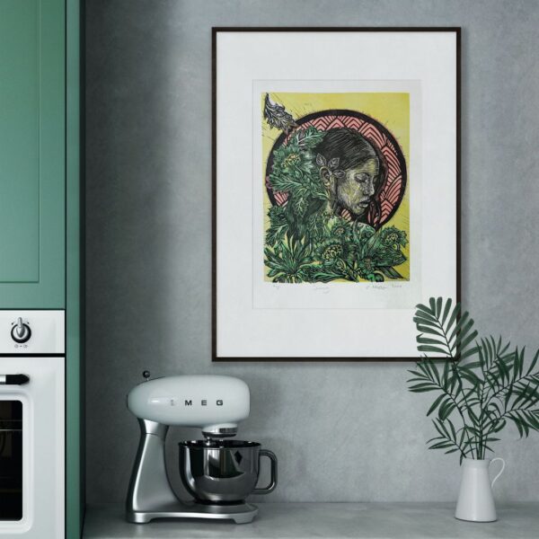 Colourful linocut artwork framed in kitchen featuring a female in profile surrounded by nature.