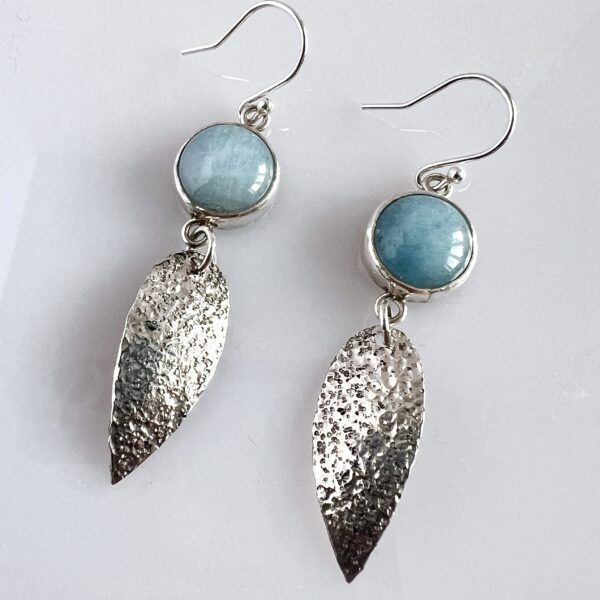 aquamarine earrings with sterling silover hammered teardrops. Nicole Jansen Jewellery
