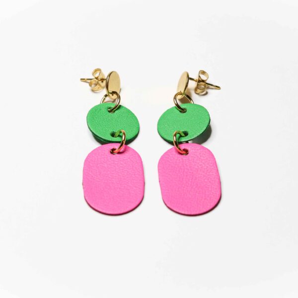 green and hot pink dangly earrings with gold studs