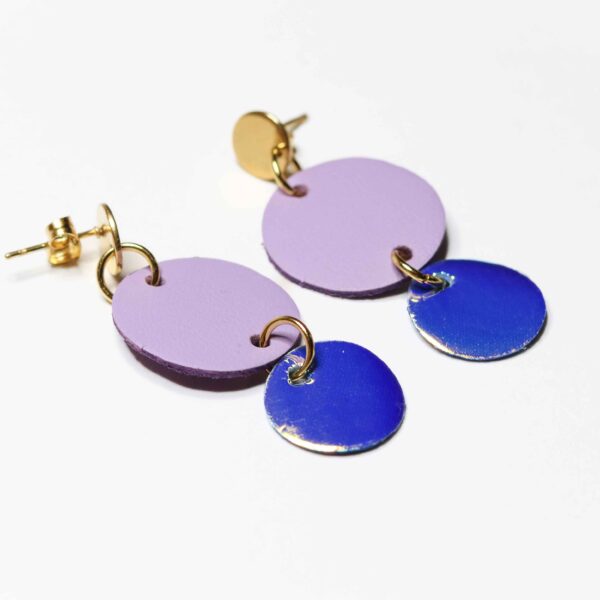 earrings with lilac circles and smaller holographic circles