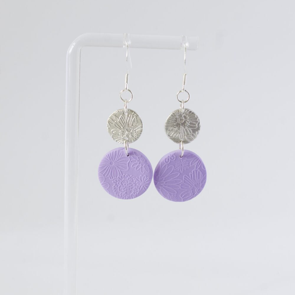 Abby's Art Atelier- Embossed floral fine silver circle with lilac embossed polymer second drop