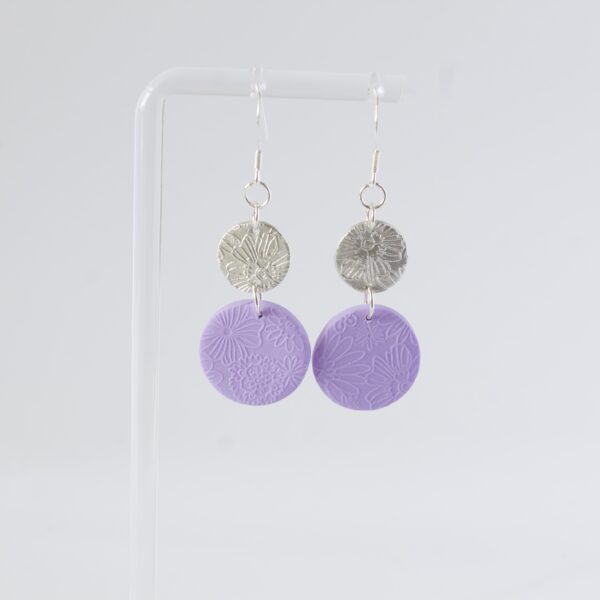 Abby's Art Atelier- Embossed floral fine silver circle with lilac embossed polymer second drop
