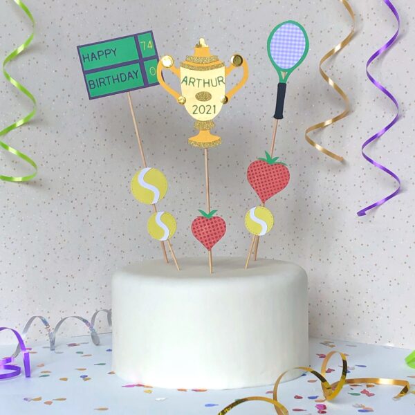 Tennis theme cake topper, personalised sports theme cake topper with trophy, scoreboard, tennis racket and balls and strawberries