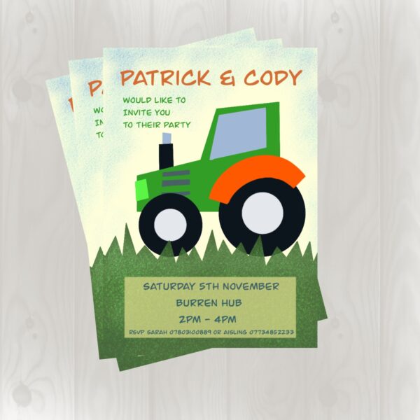 Tractor theme party invitations for a farm birthday party. Personalised with names and party details. Available as printed or digital