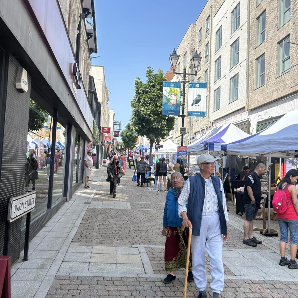 Gazebos set up for Aldershot Craft Fayre along Union Street.