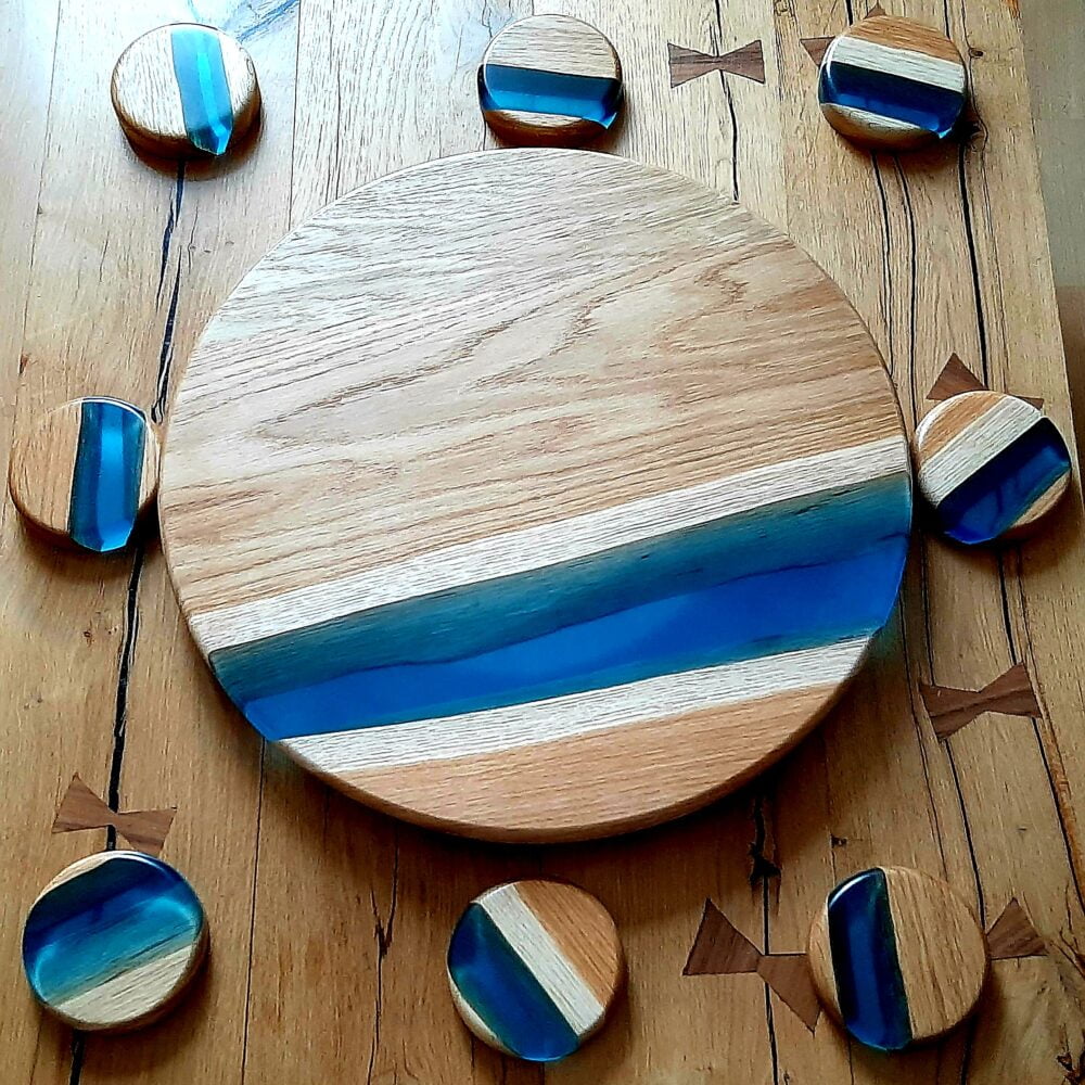 Oak and Blue Resin Lazy Susan and coasters made by Andy Firth Bespoke