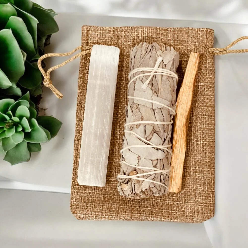 Home Cleansing kit, selenite, white sage, Palo santo, top view