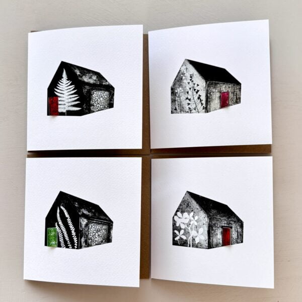 This greeting card set features a collection of four unique designs, each portraying a stylised barn with a nature-inspired theme. Each card is printed on high-quality FSC-certified paper, ensuring that it is sourced from responsibly managed forests. The designs include the following elements: 1. Top Left Card: This card features a barn silhouette with a prominent white fern motif against a black background, with a striking red door that adds a pop of colour. 2. Top Right Card: The barn design is embellished with a delicate plant pattern, accompanied by a bright pink door that contrasts with the monochrome background. 3. Bottom Left Card: A black barn image is decorated with a series of white fern fronds leaves, highlighted by a vibrant green door for a touch of colour. 4. Bottom Right Card: This card shows a barn adorned with a subtle, leafy pattern in white, set against a textured grey backdrop, and includes a vivid red door for visual interest. These cards are perfect for nature lovers and those who appreciate minimalist, rustic art. The FSC-certified paper ensures that these greeting cards are environmentally friendly, aligning with sustainable practices and to make hem extra special, the barn doors on each card open!