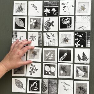 A collection of 30 small square artworks arranged in a grid on a green background. Each square contains a black and white or grayscale botanical mono print, featuring various plants, flowers, leaves, and insects. The subjects include bees, ferns, seed heads, flowers, and leaf patterns. A hand is visible in the image, touching one of the artworks, showing these are individual prints.