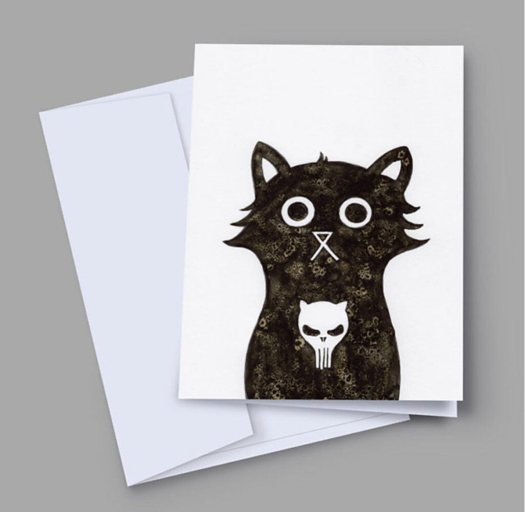 Baldy and the Fidget Punisher cat card for Pedddle's Autumn & Halloween Guide 2024