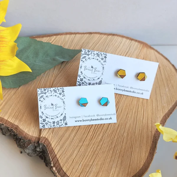 Bonny Bee Studio Geometric Hex Wooden Stud Earrings in Aqua and Ochre