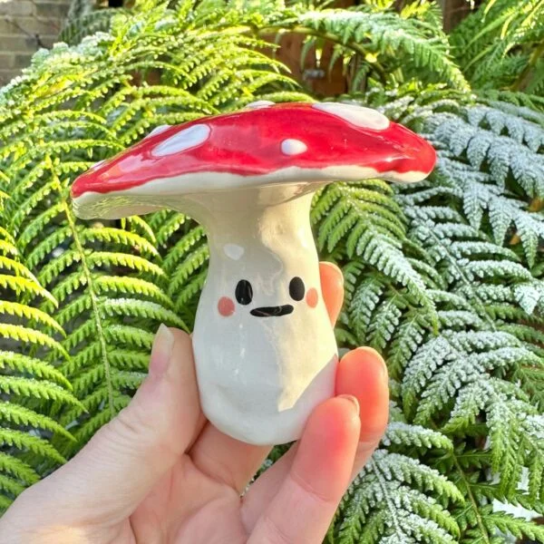 Tiny Sunshine Shop's ceramic Fly Agaric Mushroom with a face, for Pedddle’s Autumn & Halloween Gift Guide 2024