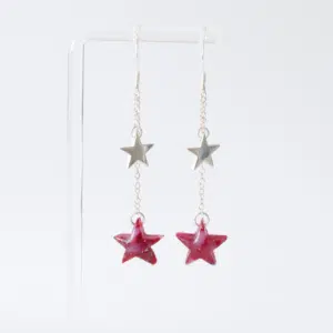 Sterling silver hook and chain earrings with one polymer clay and one fine silver star