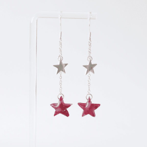 Sterling silver hook and chain earrings with one polymer clay and one fine silver star