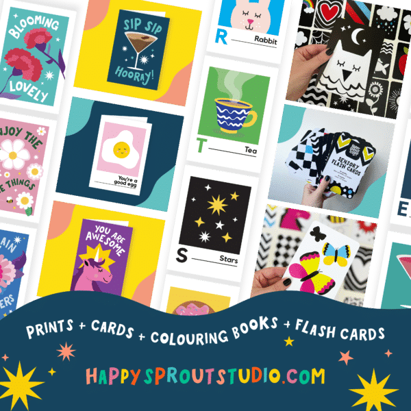 Prints, Cards, Colouring Books, Flash Cards, Happy Sprout Studio