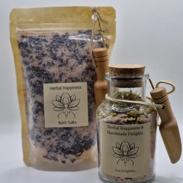 Therapeutic bath salts in a a bag or a jar..