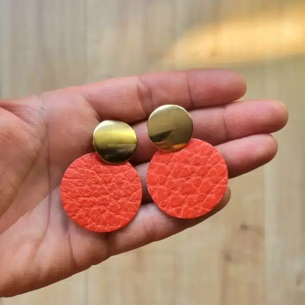 large red leather circle earrings with large gold stud