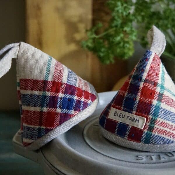 Pair of handmade fabric cone-shaped pot holders by Bleu Farm