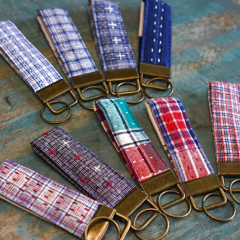 9 fabric key fobs in different patterns and colours