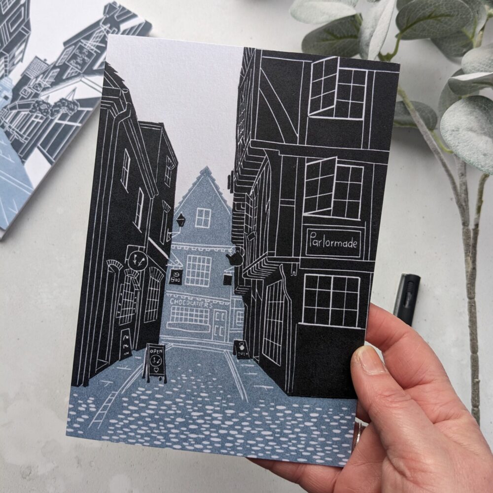 A card of the Little Shambles York in grey and indigo, Carrie Lyall Printmaker