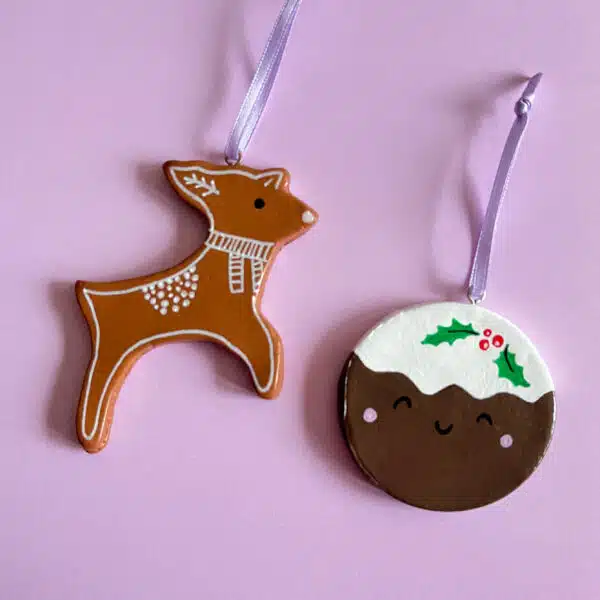 Holly Parkhouse designs Christmas Handmade decorations reindeer christmas pudding