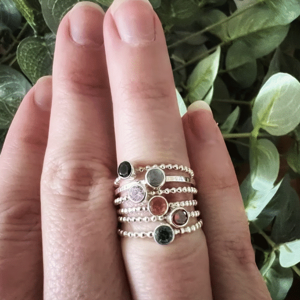 Silver stacking rings featuring coloured natural gemstones available at the next Wylde Thistle market