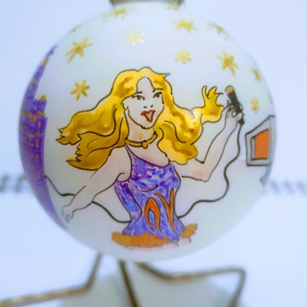 Custom order hand painted bauble featuring Taylor Swift and Liverpool landmarks including Goodison Park