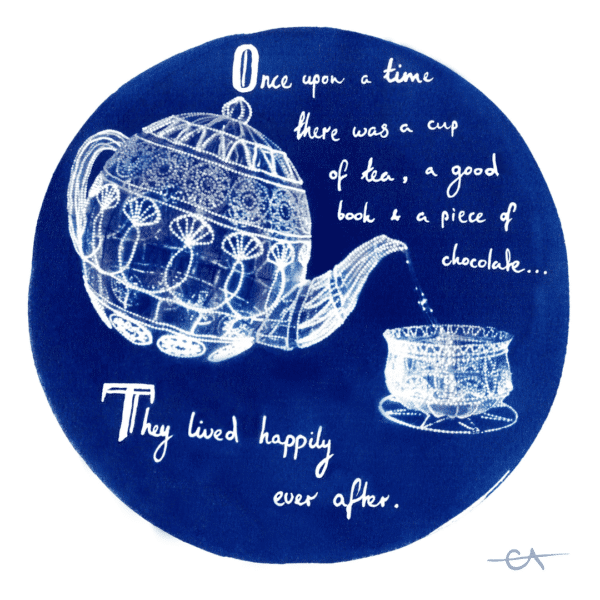 E Arnold Fine Art, teapot, tea, book & chocolate lived happily ever after