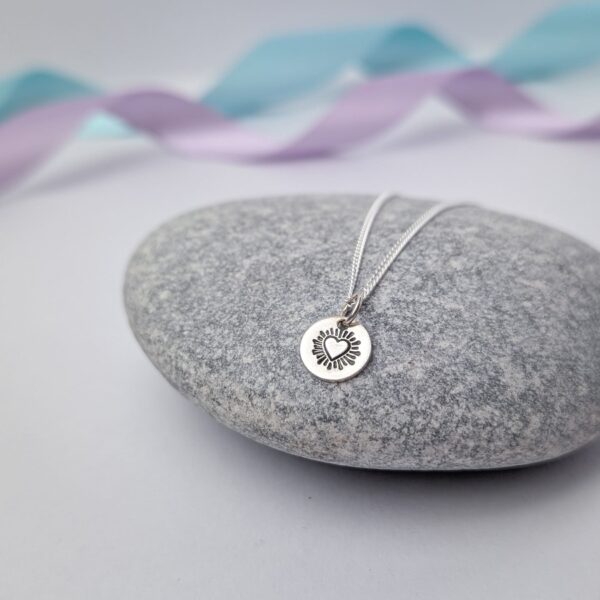 Rebecca Davies Jewellery, Heart & Sunburst Disc Pendant in Recycled Sterling Silver