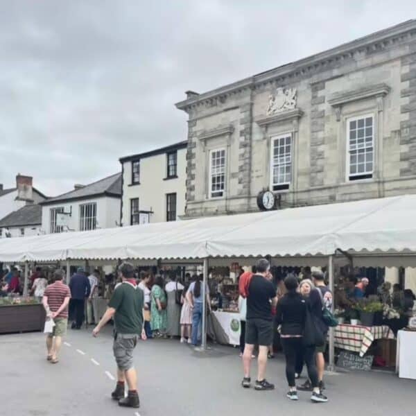 the image shows a large marquee in the high street, with artists selling their wares, with a large group of visitors. behnind th emarquee are the high street buildings