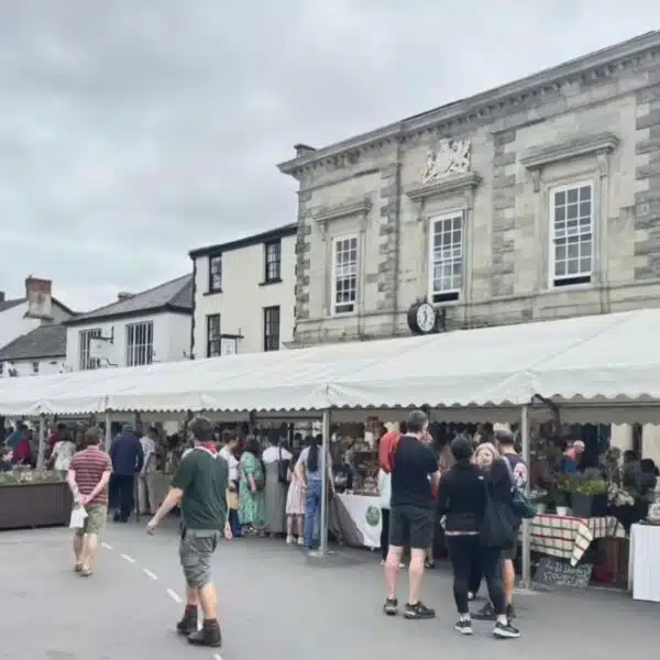 the image shows a large marquee in the high street, with artists selling their wares, with a large group of visitors. behnind th emarquee are the high street buildings