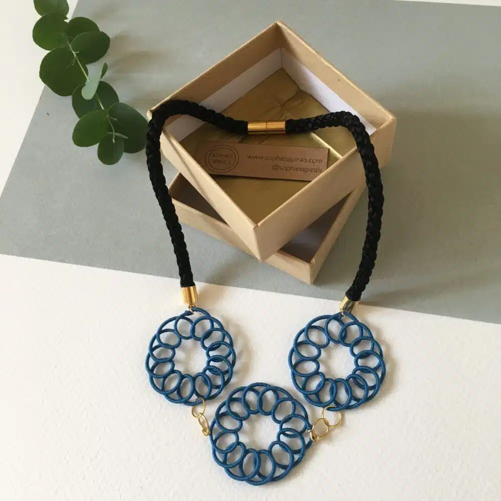 Sophie’s Spirals, Blue circle bib necklace