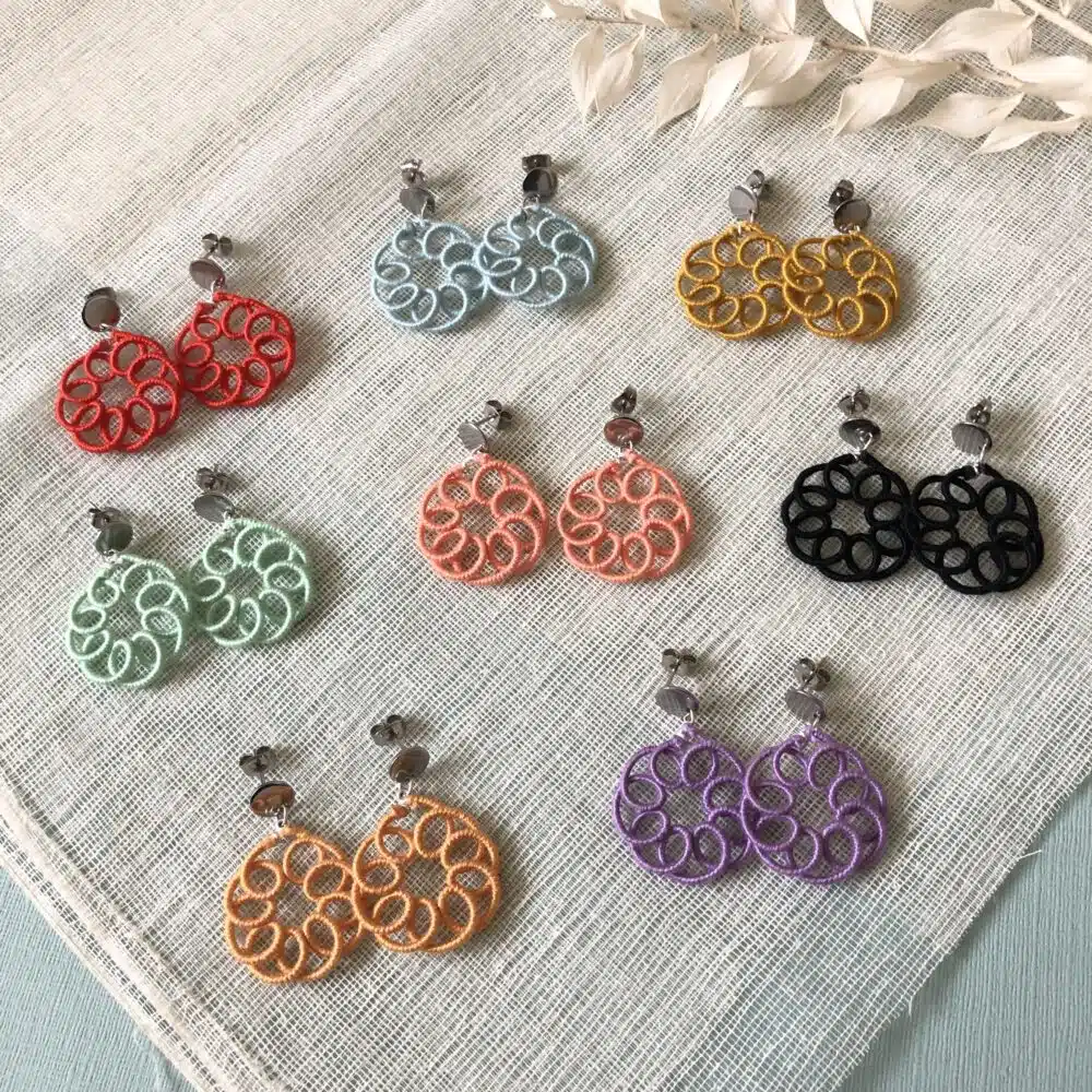 Sophie’s Spirals, Colourful circular dangle earrings