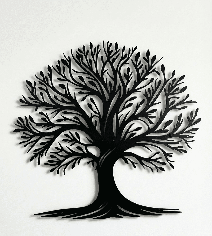 Black metal wall art featuring a stylized tree with a thick trunk, spreading branches, and intricate leaf details in a circular silhouette, mounted on a light-colored wall.