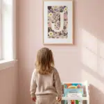 A little girl is shown from the back looking at a pale pink wall adorned with a framed letter J made from pink pressed flowers - dried flower art