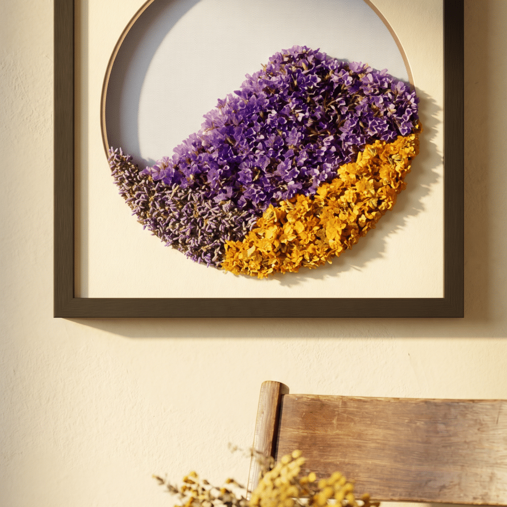 A 3D artwork made from three types of dried flower, with each flower used to represent a hillside - dried flower art