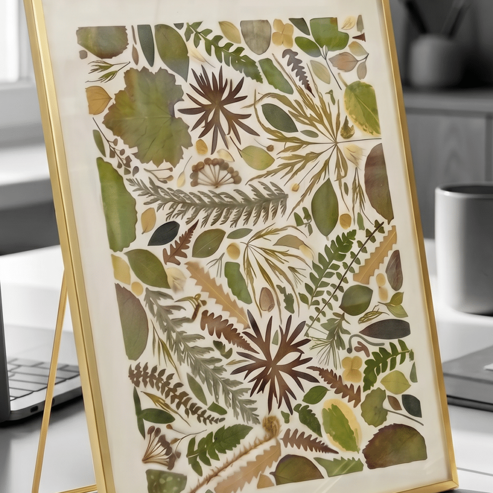 Green leaves and stems in a collage on an ivory background framed in a gold standing frame - dried flower art