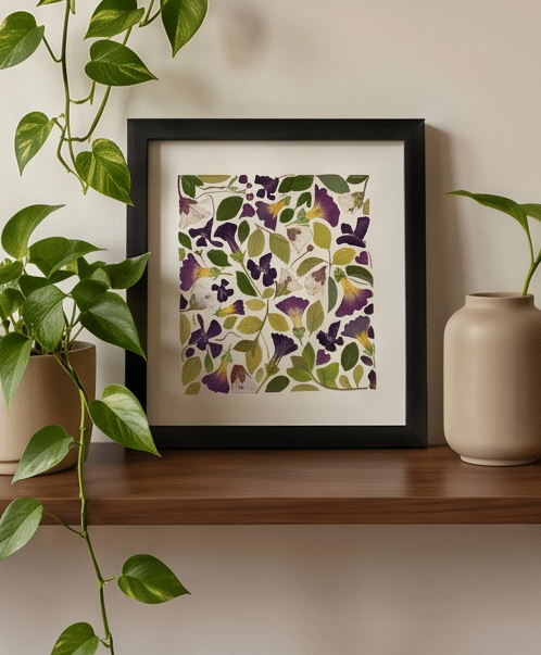 Framed collage of pressed flowers in greens and deep reds - dried flower art