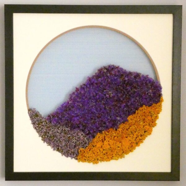 A framed artwork composed of a hilly landscape created from dried flowers