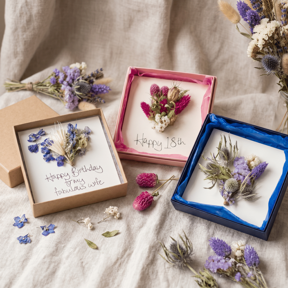 Three boxed greetings cards with hand-penned messages and dried flower bouquets - dried flower art