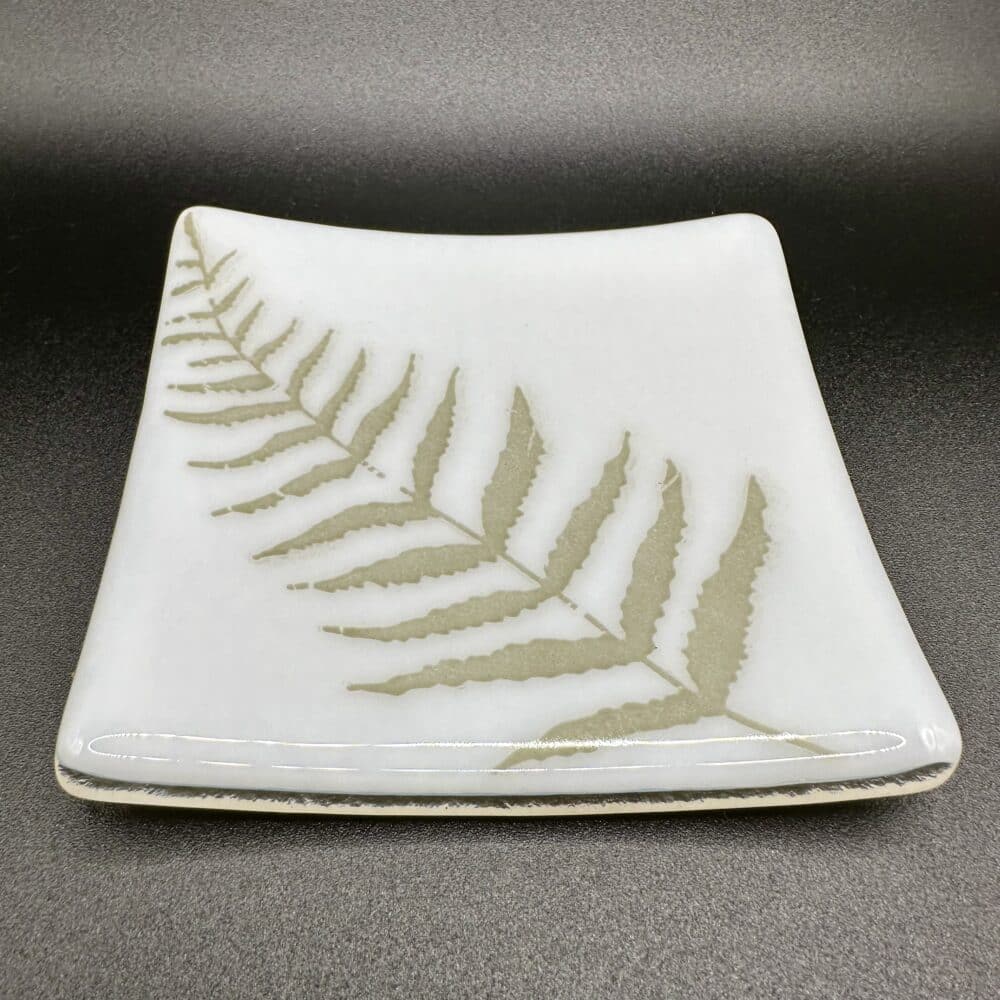 White glass dish with grey fern detail