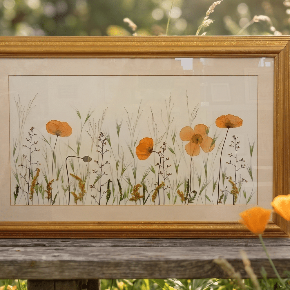 Pressed flowers show a poppy field of orange poppies and grasses framed in a vintage gold frame with mount - dried flower art