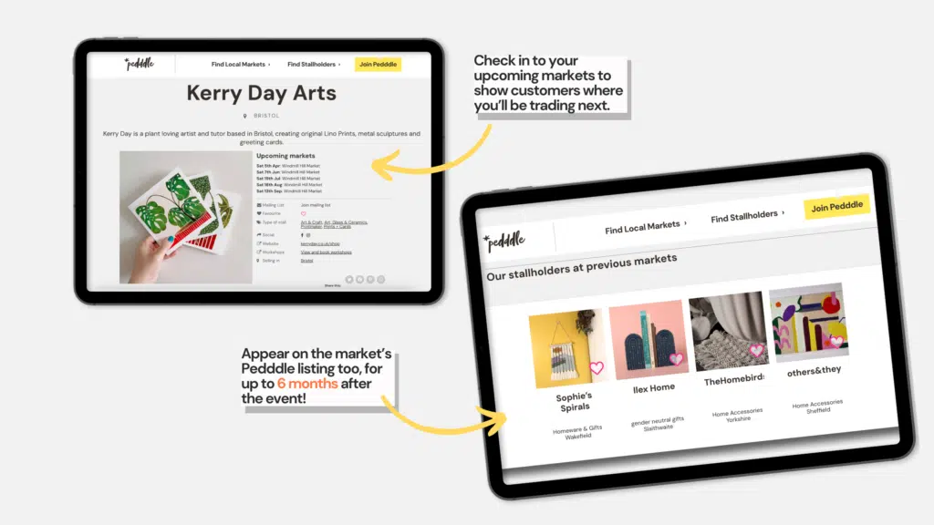 Two screenshots demonstrating market check-in. Text reads: Check into your upcoming markets to show customers where you'll be trading next. Appear on the market's Pedddle listing too, for up to 6 months after the event!