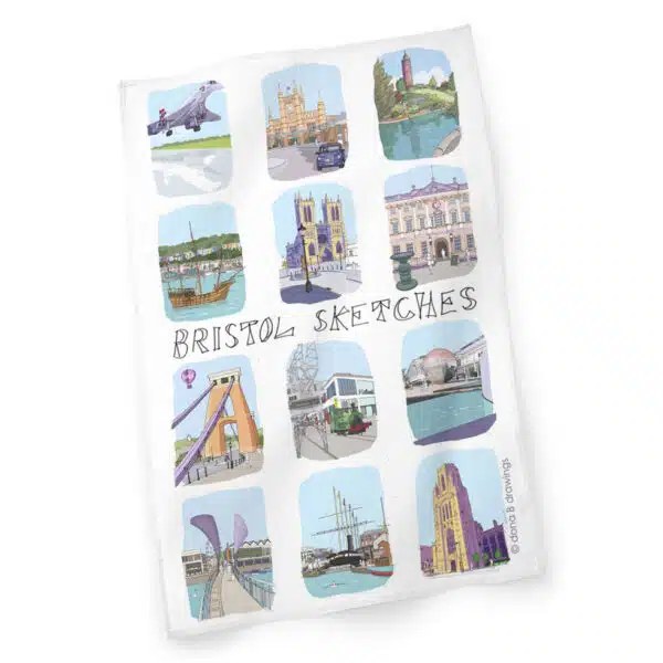 Unfolded Bristol Sketches Tea Towel by dona B drawings