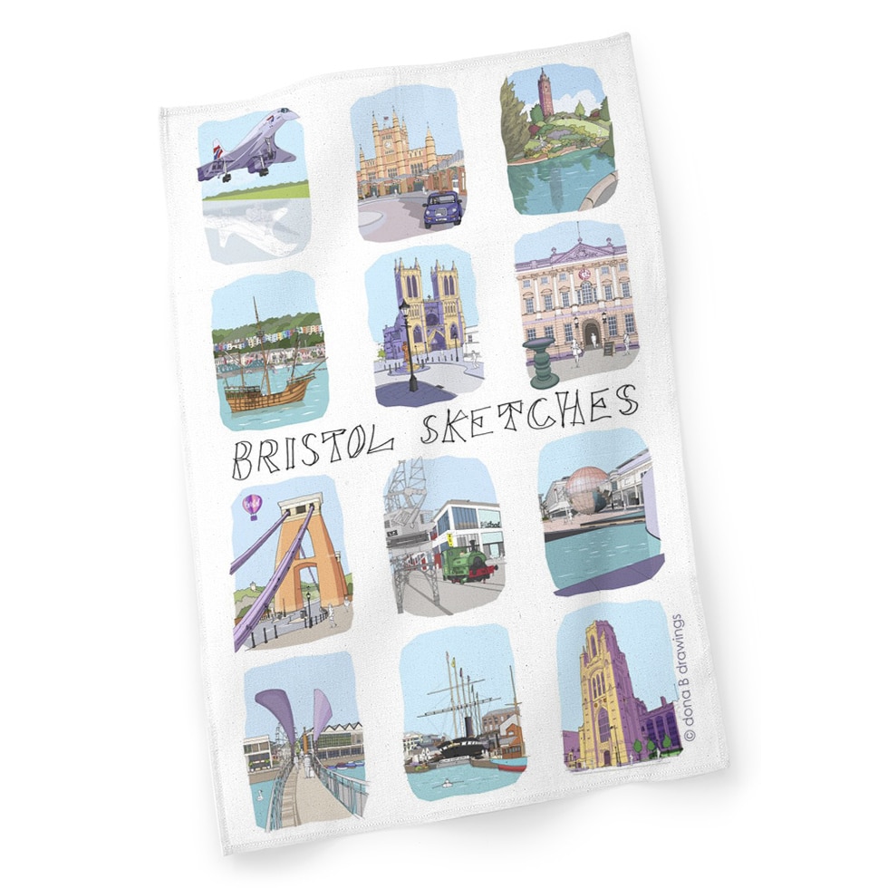 Unfolded Bristol Sketches Tea Towel by dona B drawings