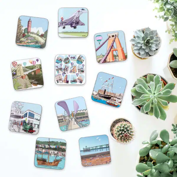 A flatlay image of 9 Bristol and 1 Clevedon coasters by dona B drawings