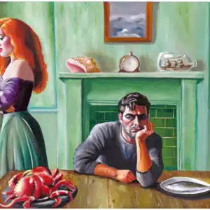 A redheaded woman stands at the window gazing out with her arms folded whilst a dark haired man sits at the table resting his chin on his hand. On the table is a crab and fish. Behind is a fireplace with a shell, a clock and a boat in glass with a picture of the ocean above.